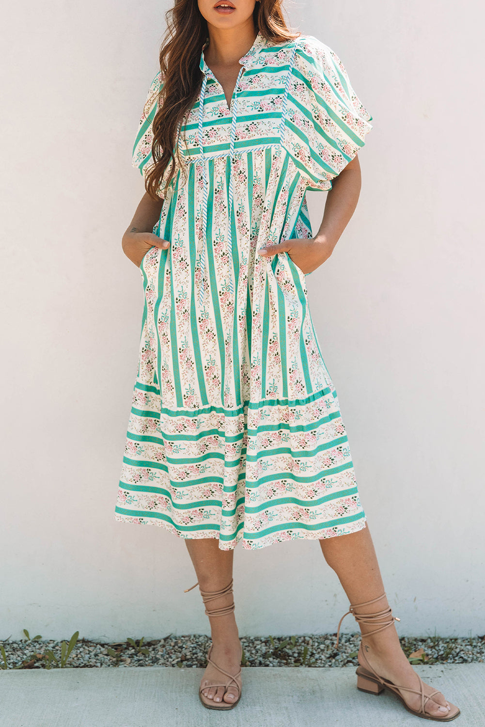 Women Striped Floral Print Puff Sleeve Midi Dress