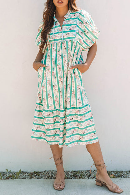 Women Striped Floral Print Puff Sleeve Midi Dress