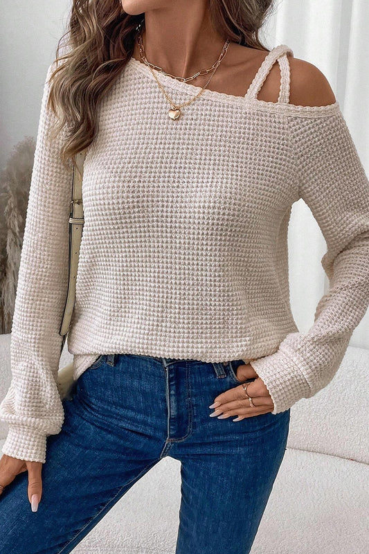 Women’s Waffle Knit Asymmetrical Off-Shoulder Top