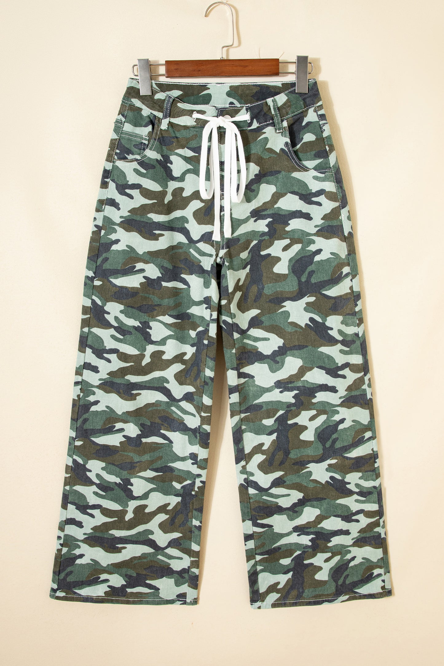 Green Camo Print Wide Leg Drawstring Denim Pants