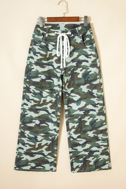 Green Camo Print Wide Leg Drawstring Denim Pants