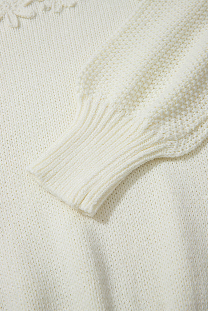 White Flower Applique Puff Sleeve Knit Sweater