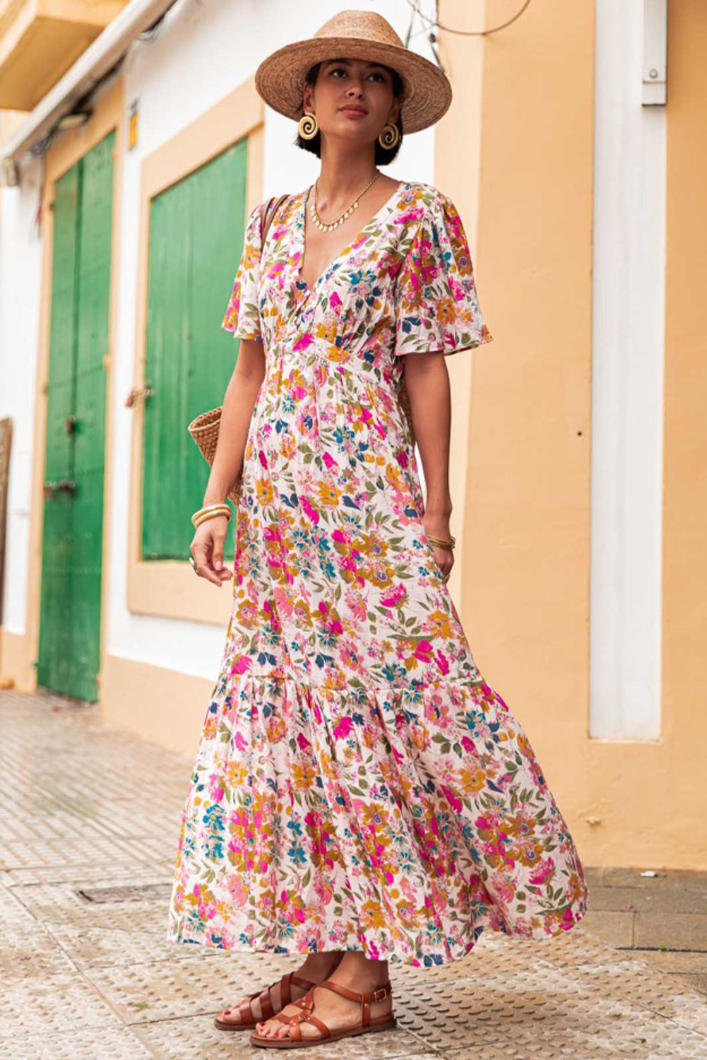 Easter Floral V Neck Short Sleeve Boho Maxi Dress