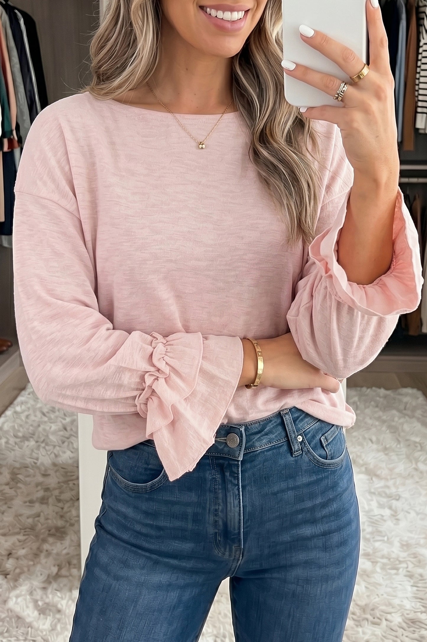 Gossamer Pink Ruffle Sleeve Loose Long Sleeve Blouse Top