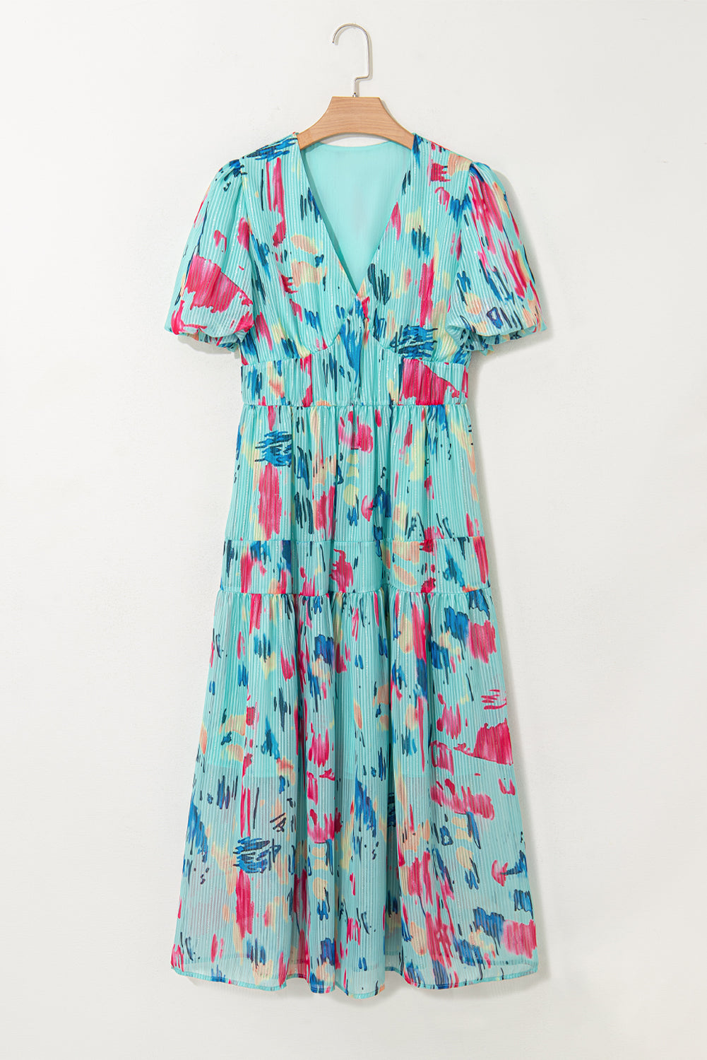 Abstract Print Puff Sleeve V Neck Tiered Maxi Dress