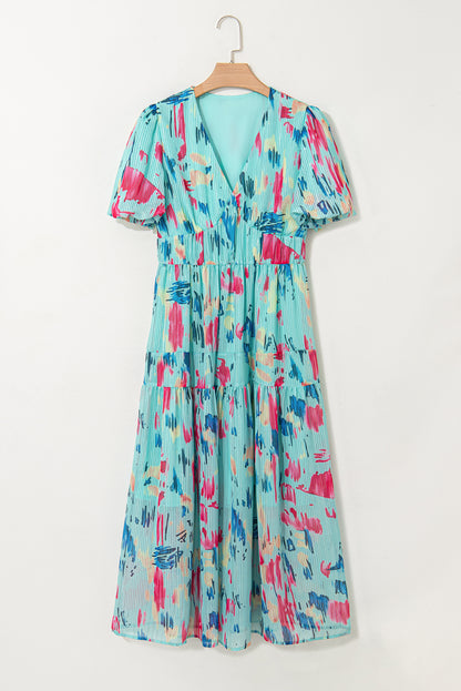 Abstract Print Puff Sleeve V Neck Tiered Maxi Dress