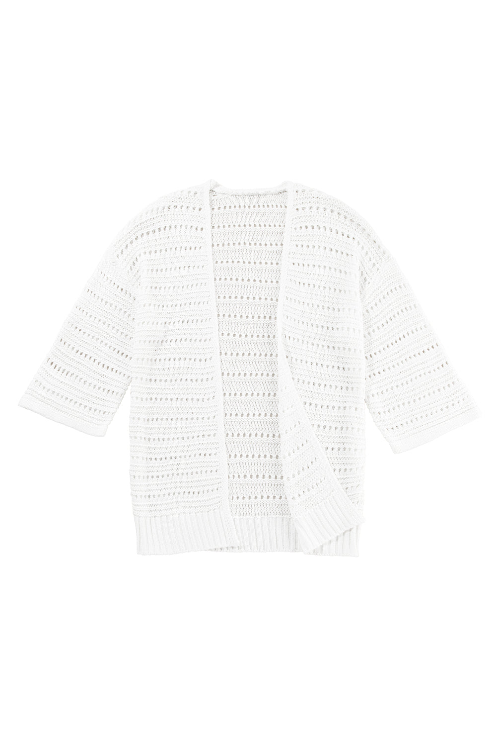 White Pointelle Knit Bracelet Sleeve Open Cardigan