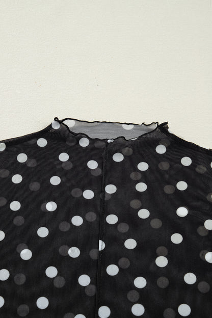 Black Polka Dot Mesh Mock Neck Long Sleeve Top