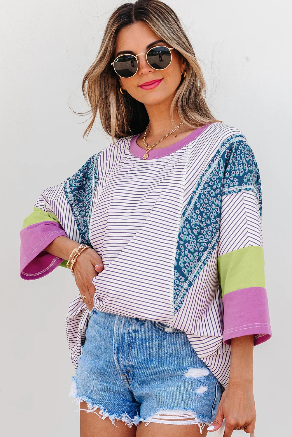 Striped Colorblock Oversized Top Casual Loose T Shirt