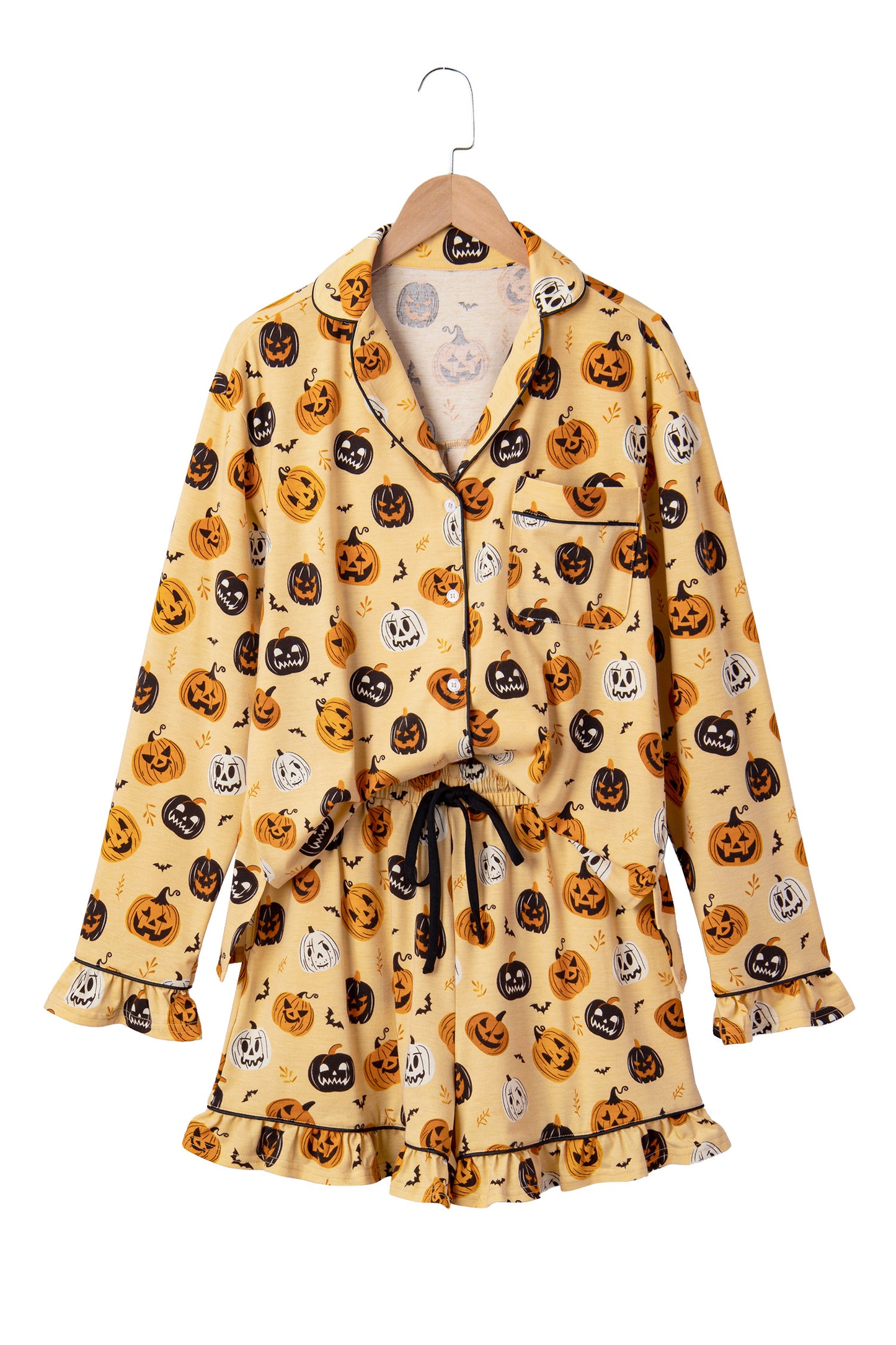 Halloween Pumpkin Print Ruffle Shorts Pajama Set