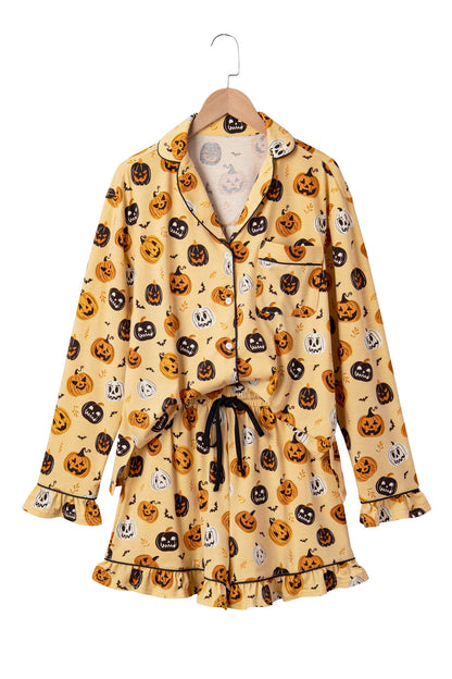 Halloween Pumpkin Print Ruffle Shorts Pajama Set