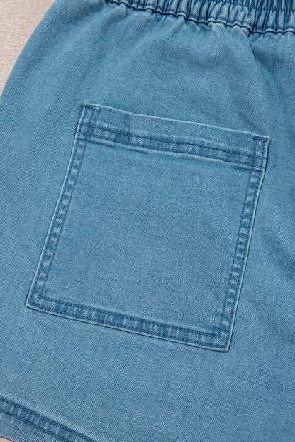 Light Wash Drawstring Denim Shorts Elastic Waist Pockets