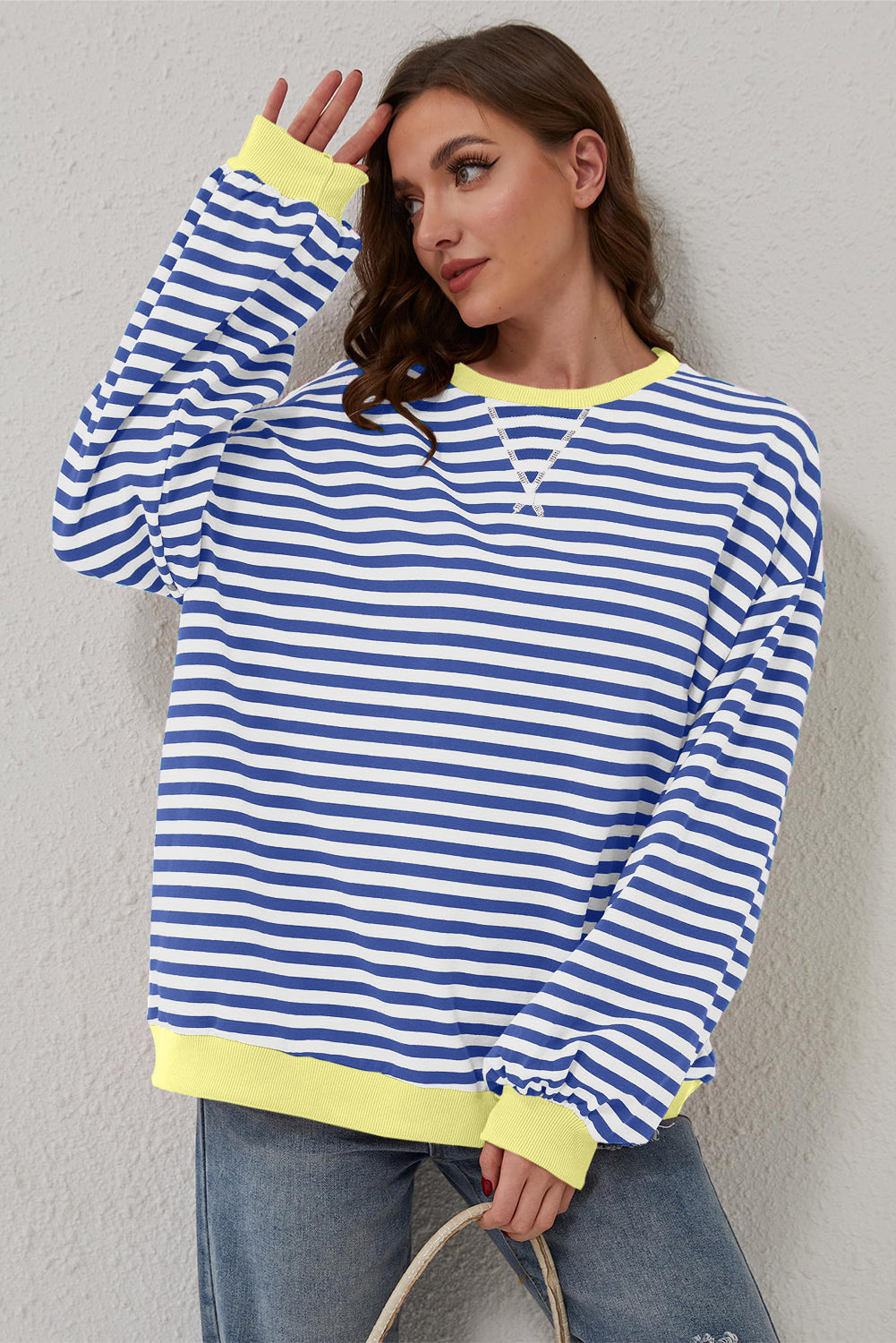 Sky Blue Stripe Oversized Contrast Trim Pullover Sweatshirt