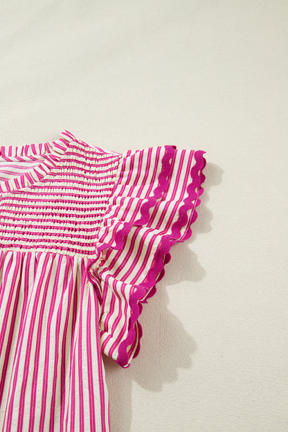 Rose Stripe Shirred Blouse Ruffle Sleeve Summer Top