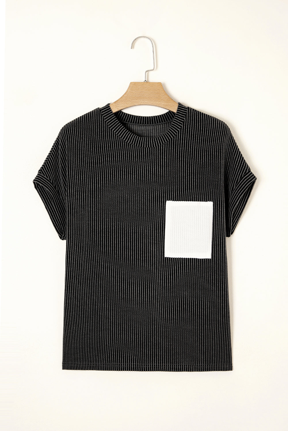 Pink Striped Textured Knit Pocket Casual Tee