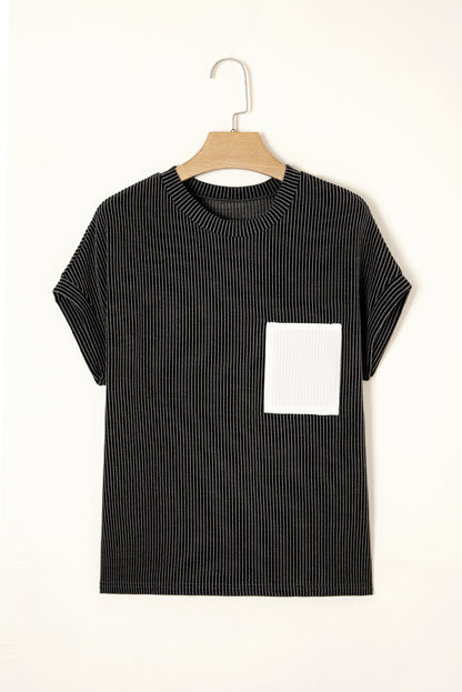 Pink Striped Textured Knit Pocket Casual Tee