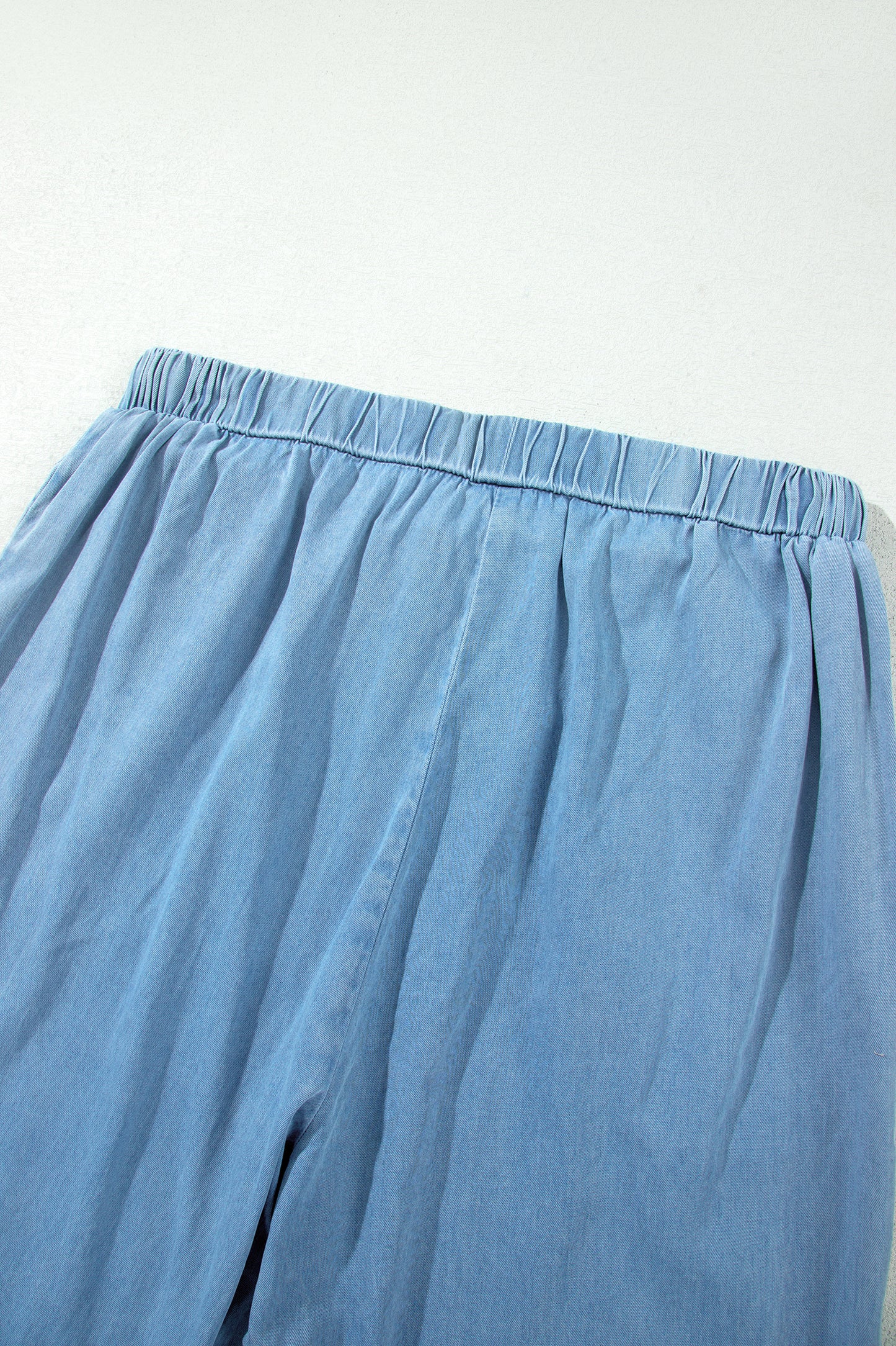 Beau Blue Ruffled Hem Wide Leg Chambray Pants