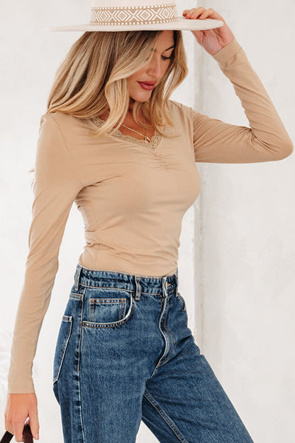 Smoke Gray Lace Trim Ruched V Neck Long Sleeve Women’s Top