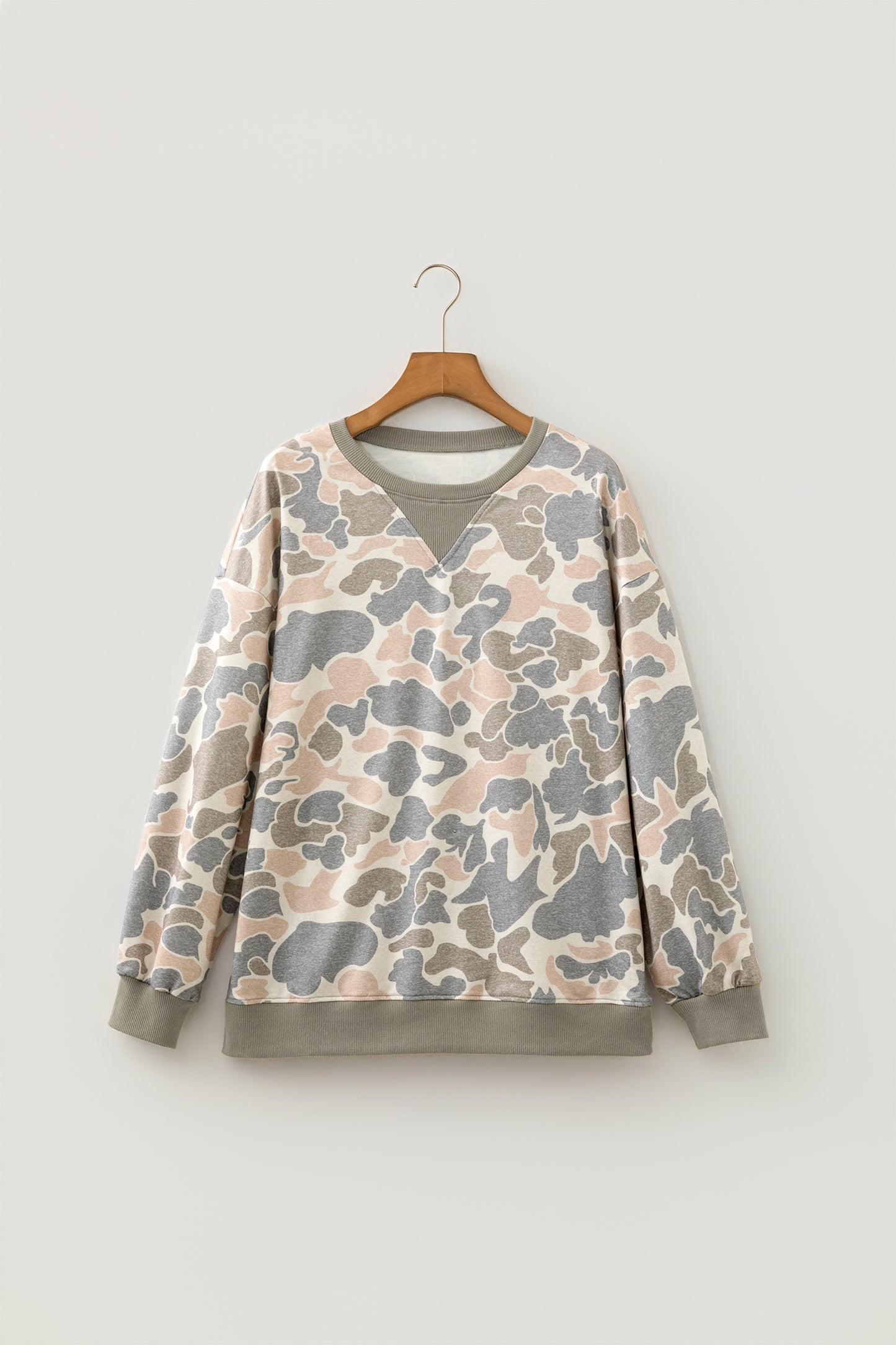 Camouflage Oversized Pullover Sweatshirt Rib Trim Top