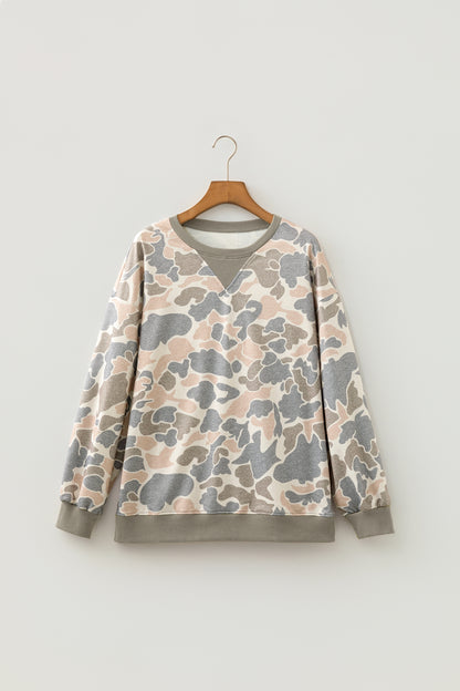 Camouflage Oversized Pullover Sweatshirt Rib Trim Top