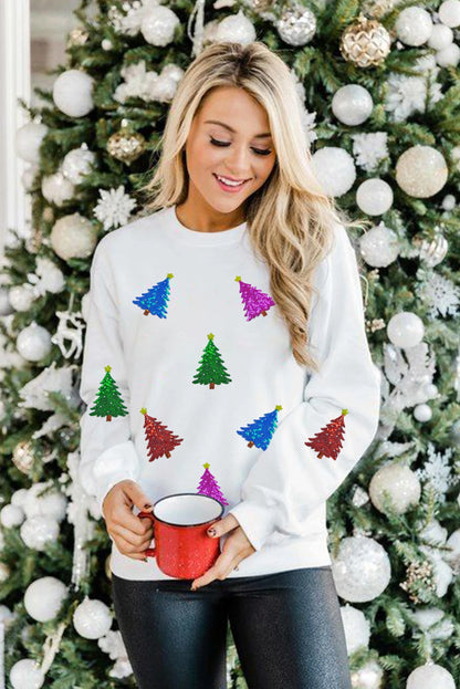 White Shiny Christmas Tree Patched Patterned Festive Sweatshirt