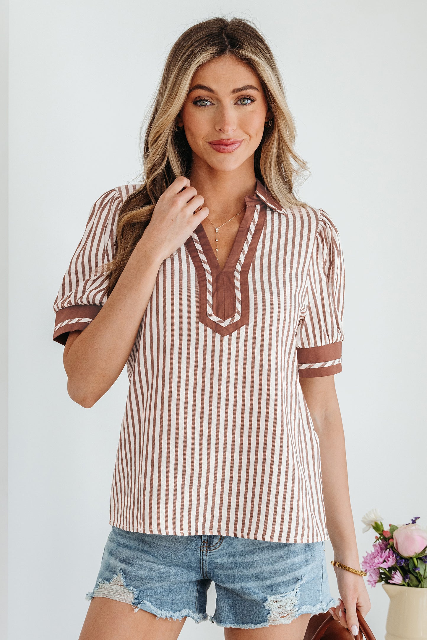 Khaki Striped Split Neck Puff Sleeve Blouse Top