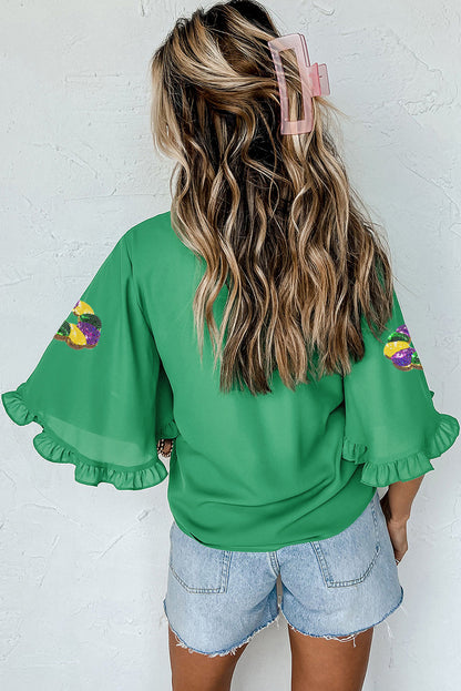 Green Mardi Gras Sequin Beads Ruffle Bell Sleeve Blouse