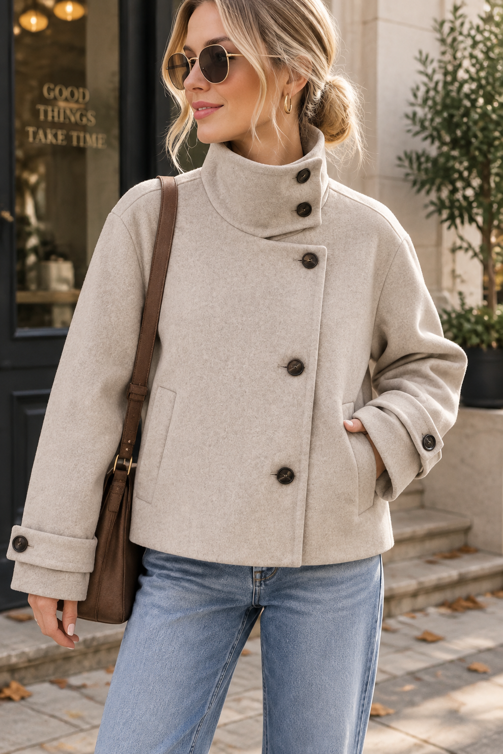 Women's Oversized Stand Collar Wool Blend Cropped Jacket