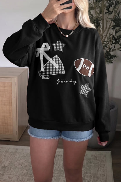 Gingham Patch Football Game Day Crew Neck Sweatshirt