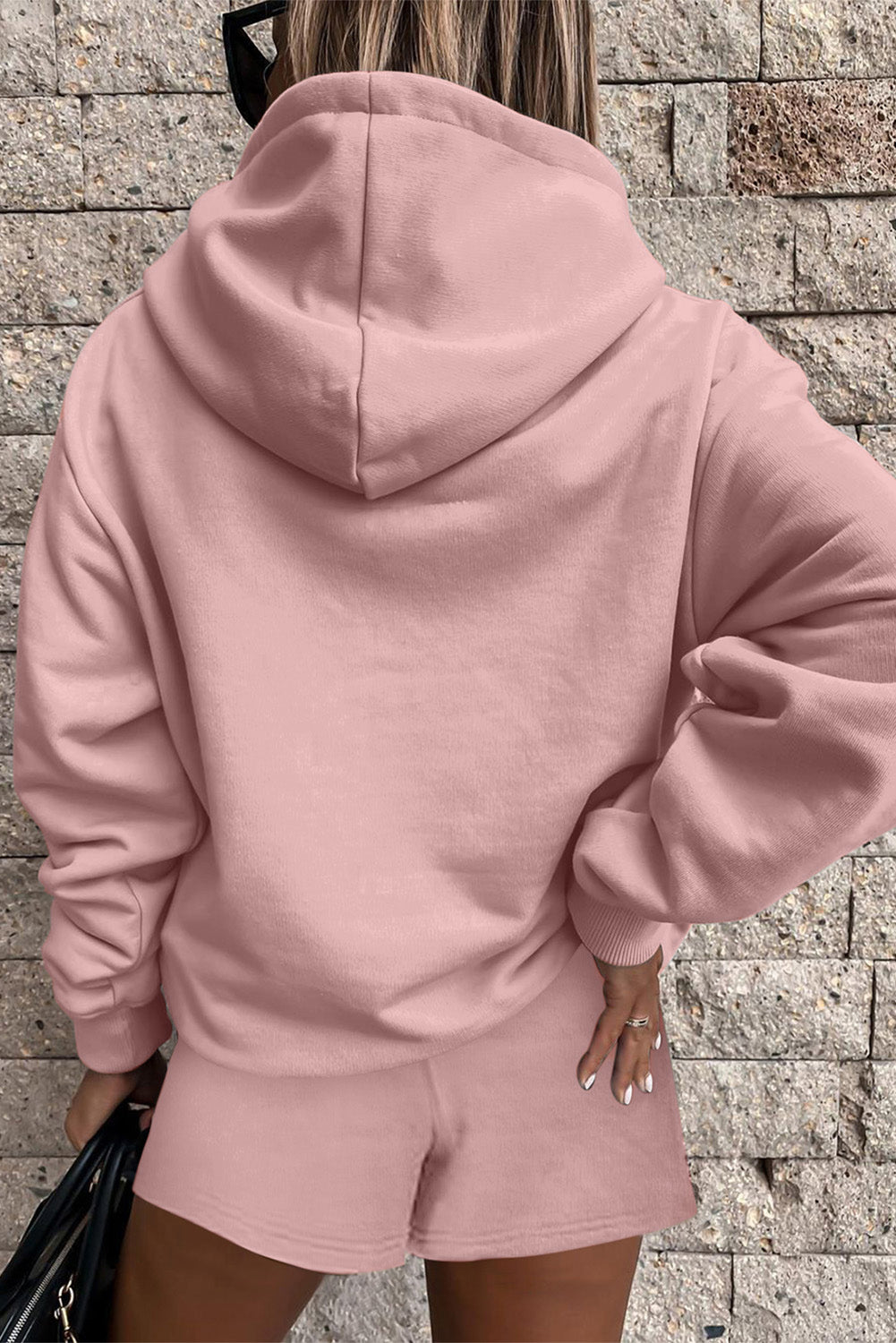 Valerian Button Drawstring Hooded Pullover and Casual Short Set