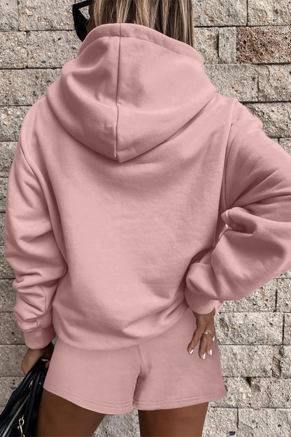 Valerian Button Drawstring Hooded Pullover and Casual Short Set