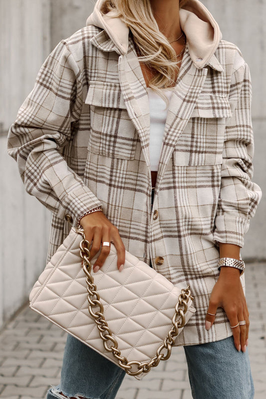 Neutral Khaki Plaid Oversized Shacket with Removable Hood