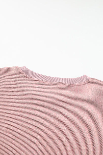 Customizable Solid Ribbed Knit Round Neck Casual PulloverSweatshirt