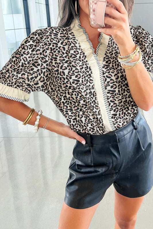 Leopard Print V Neck Blouse with Striped Ruffle Trim