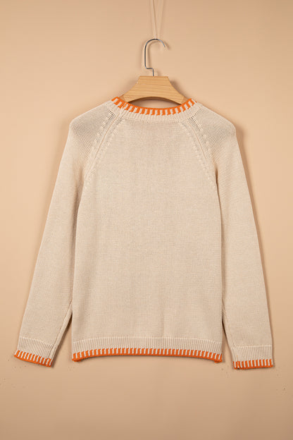 Pumpkin Knit Sweater Autumn Floral Embroidered Relaxed Fit