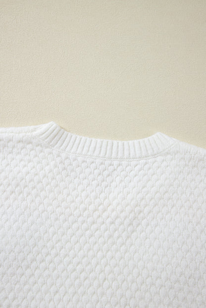 White Colorful Flower Applique Textured Knit Sweater