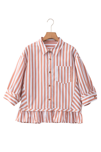 Khaki Stripe Button Front Shirt Ruffle Hem Peplum Top