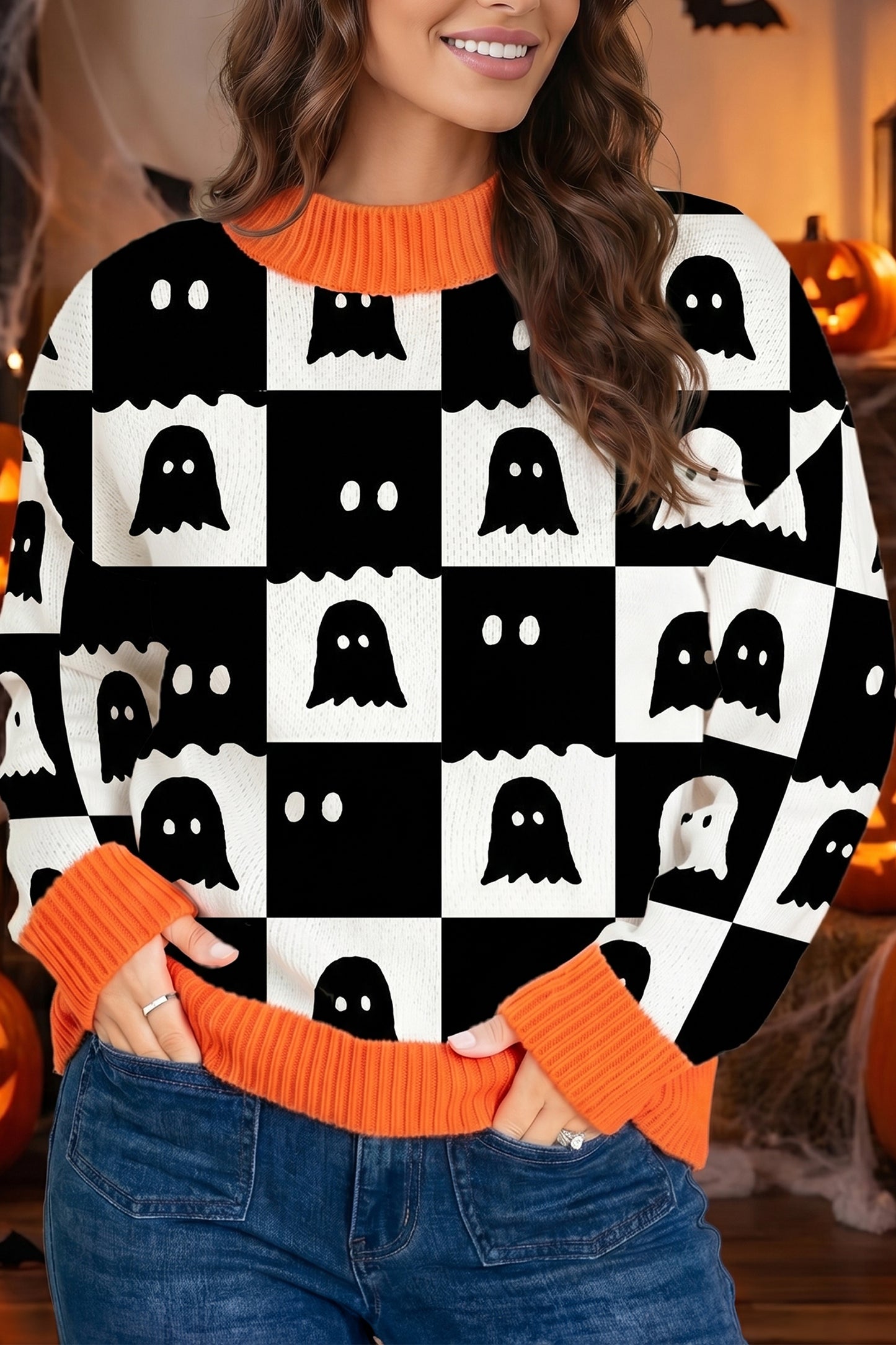 Halloween Ghost Print Checkerboard Knit Sweater