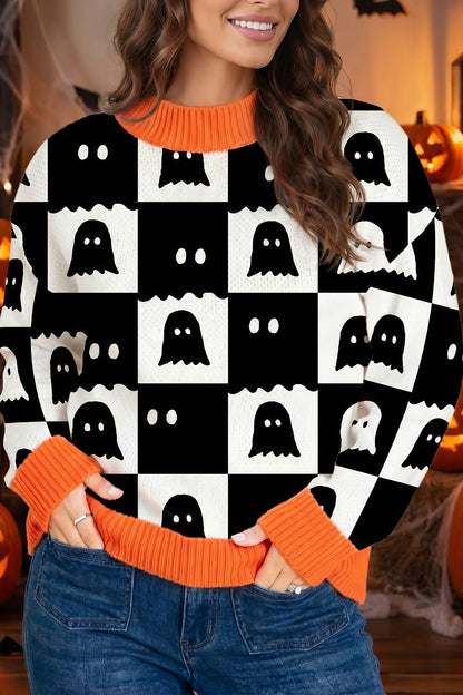 Halloween Ghost Print Checkerboard Knit Sweater
