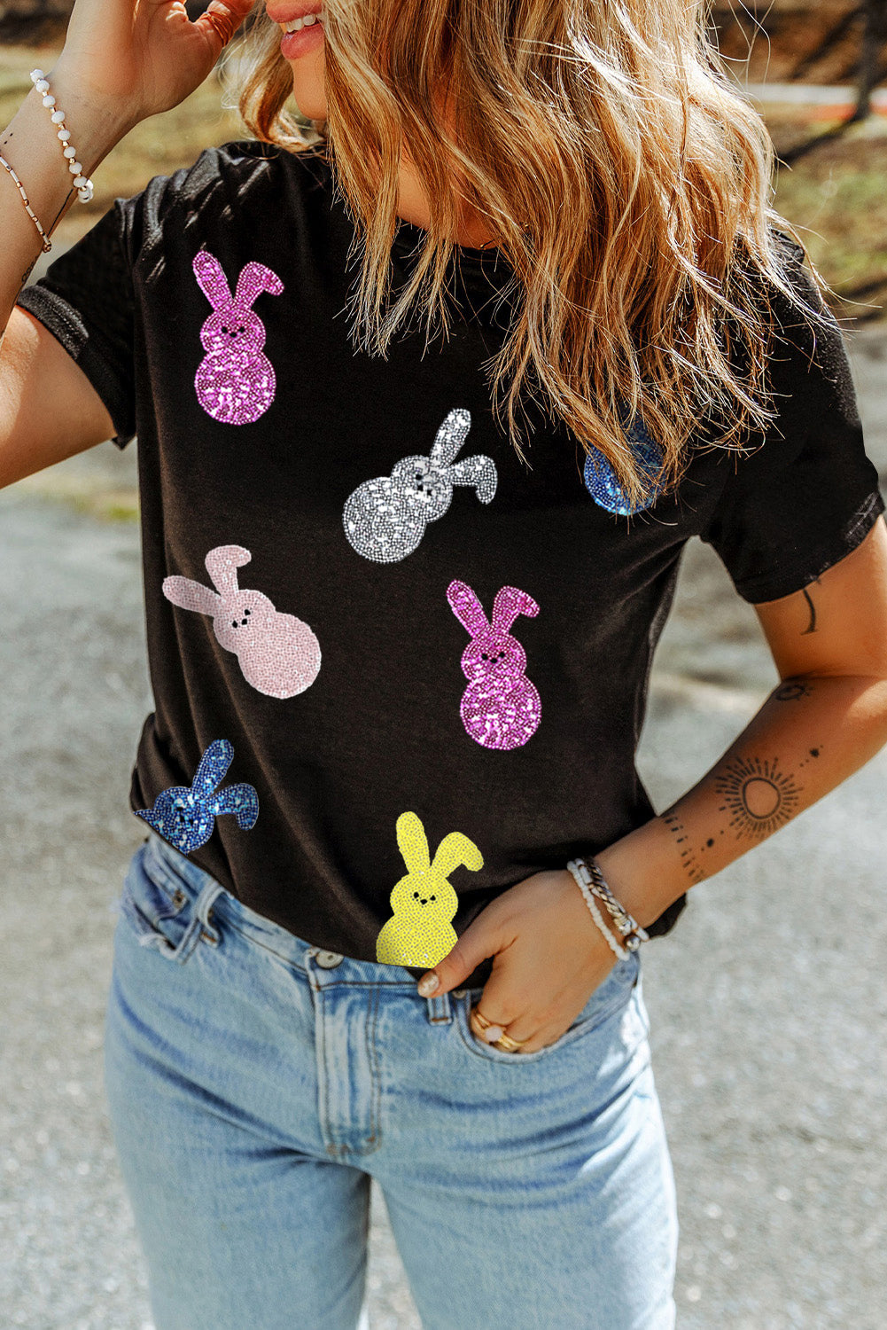 Black Easter Sequin Bunny Graphic Crew Neck Tee