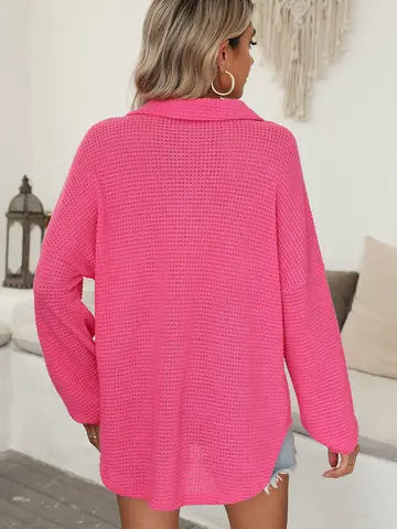 Rose Red Waffle Knit Oversized Henley Long Sleeve Top