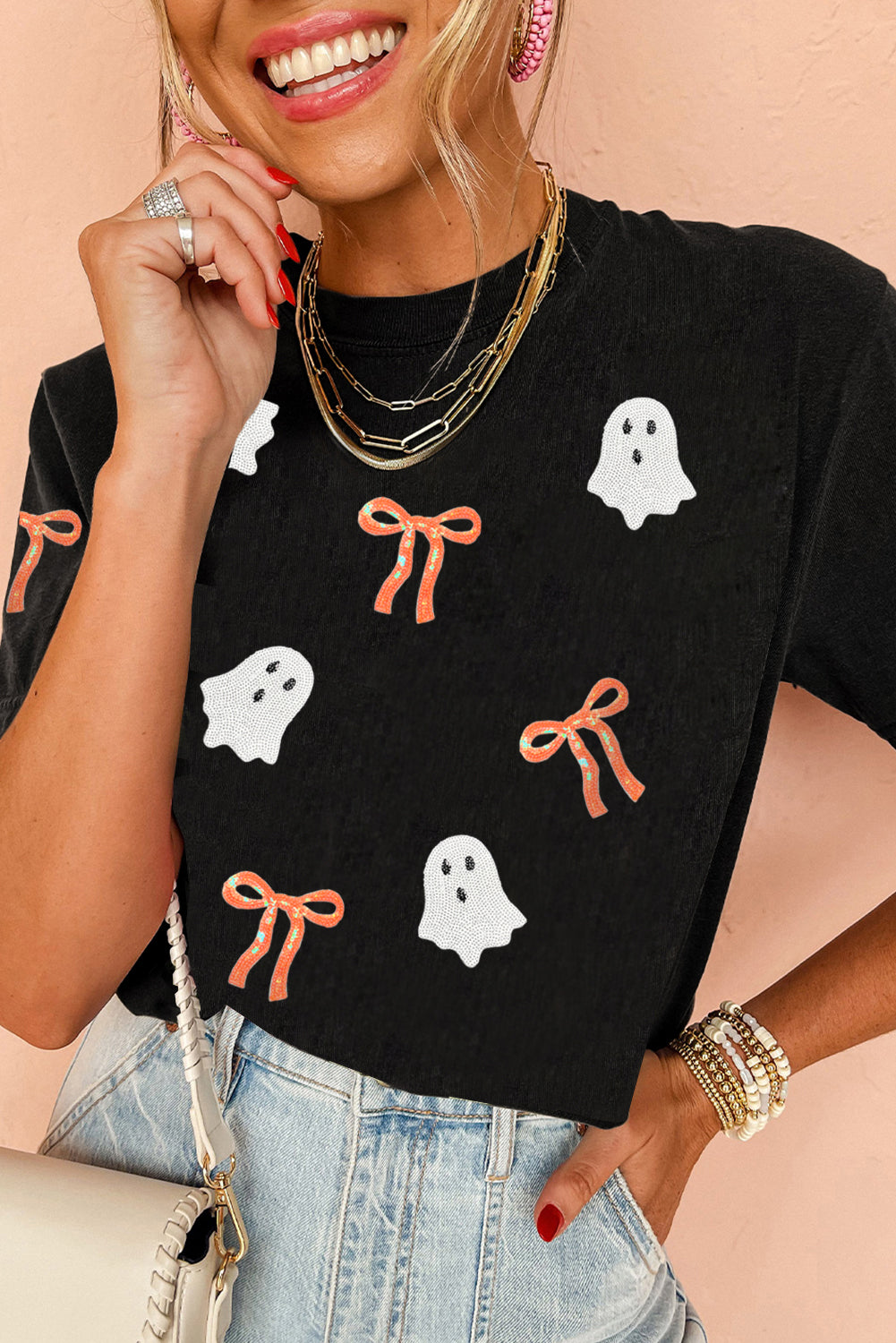 Halloween Ghost Bow Patch Graphic Short Sleeve Tee