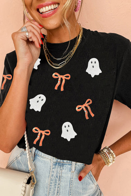 Halloween Ghost Bow Patch Graphic Short Sleeve Tee