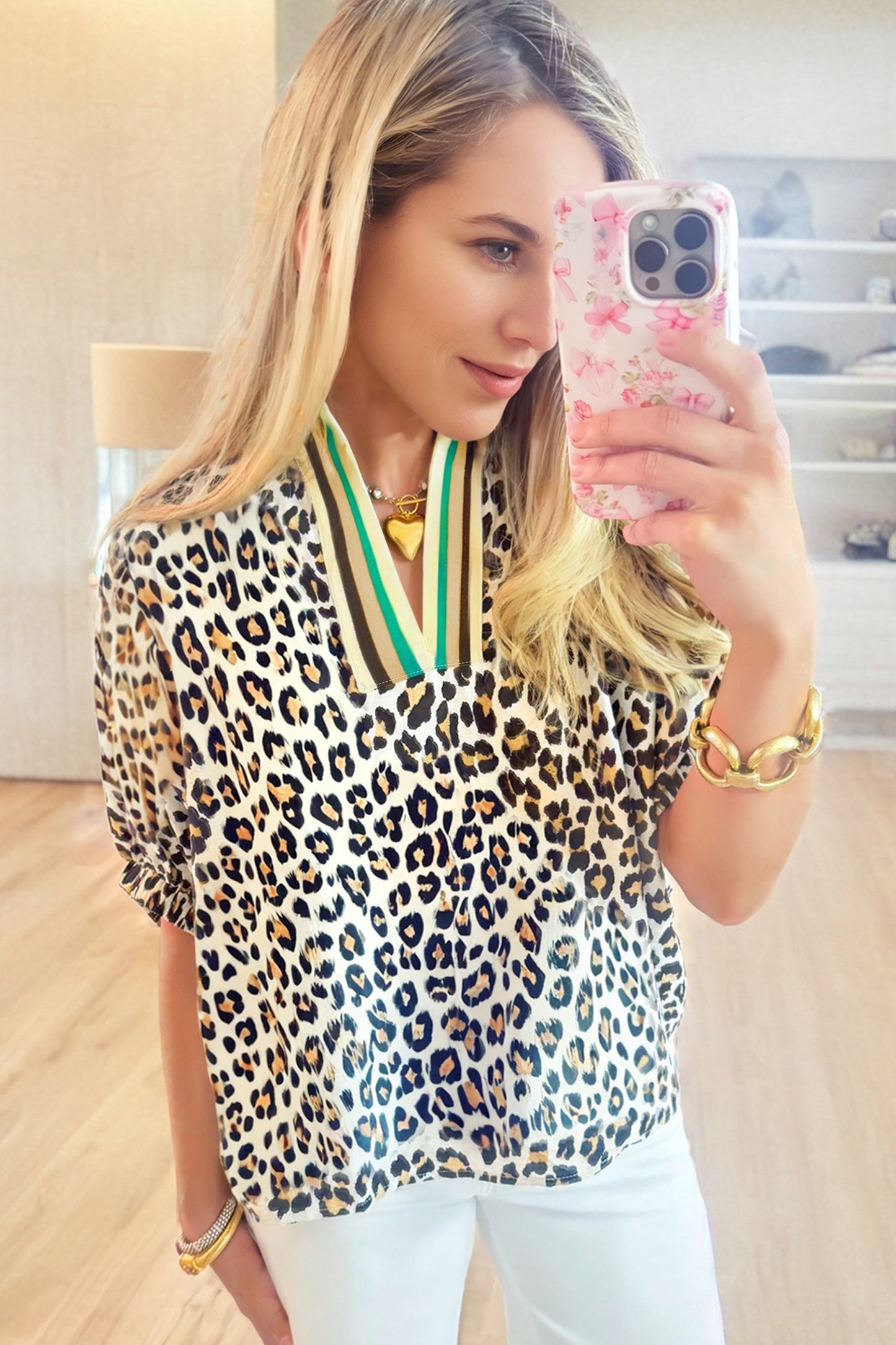 Khaki Leopard Color Block Stripe V Neck Loose Blouse