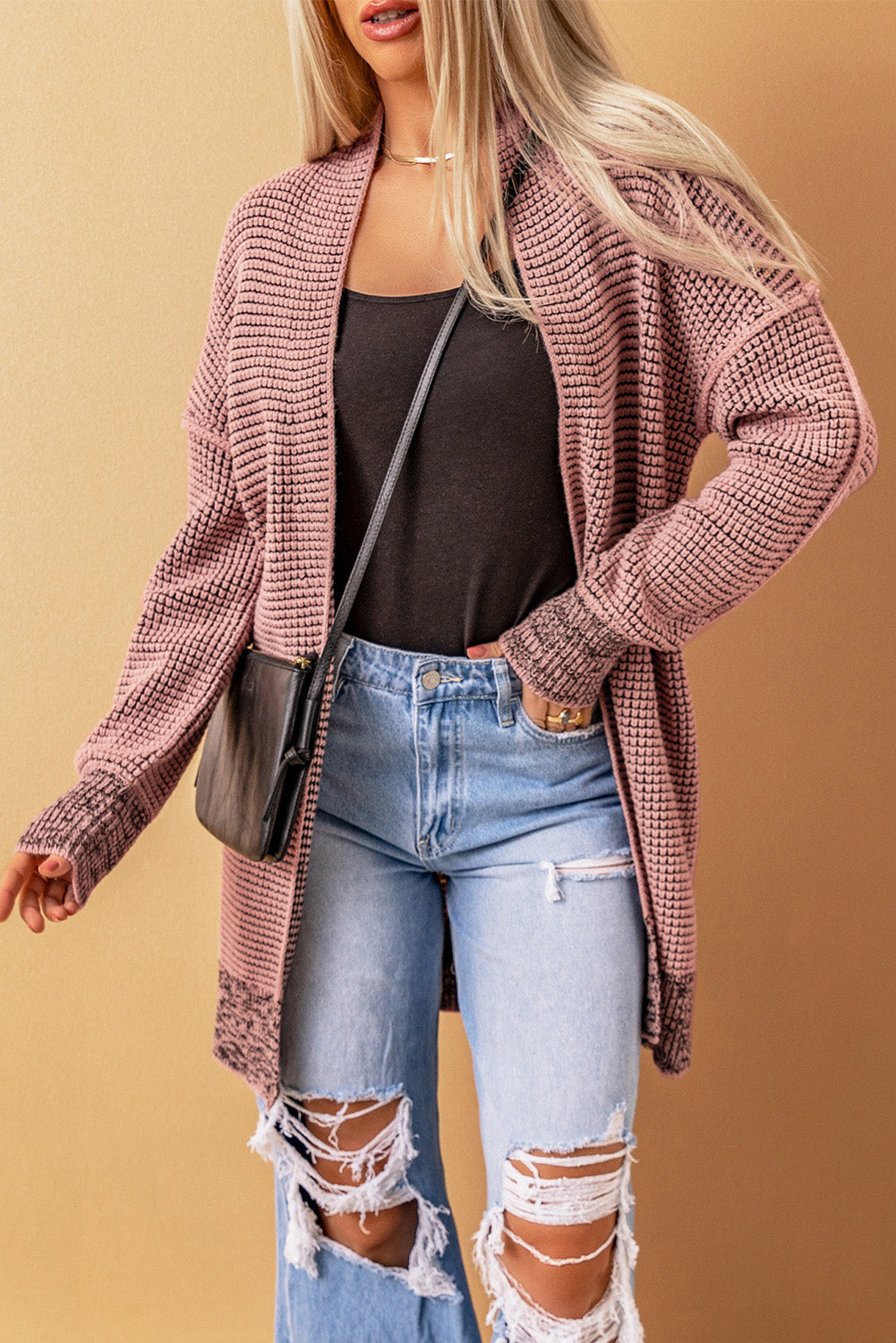 Black Plaid Knitted Long Open Front Cardigan