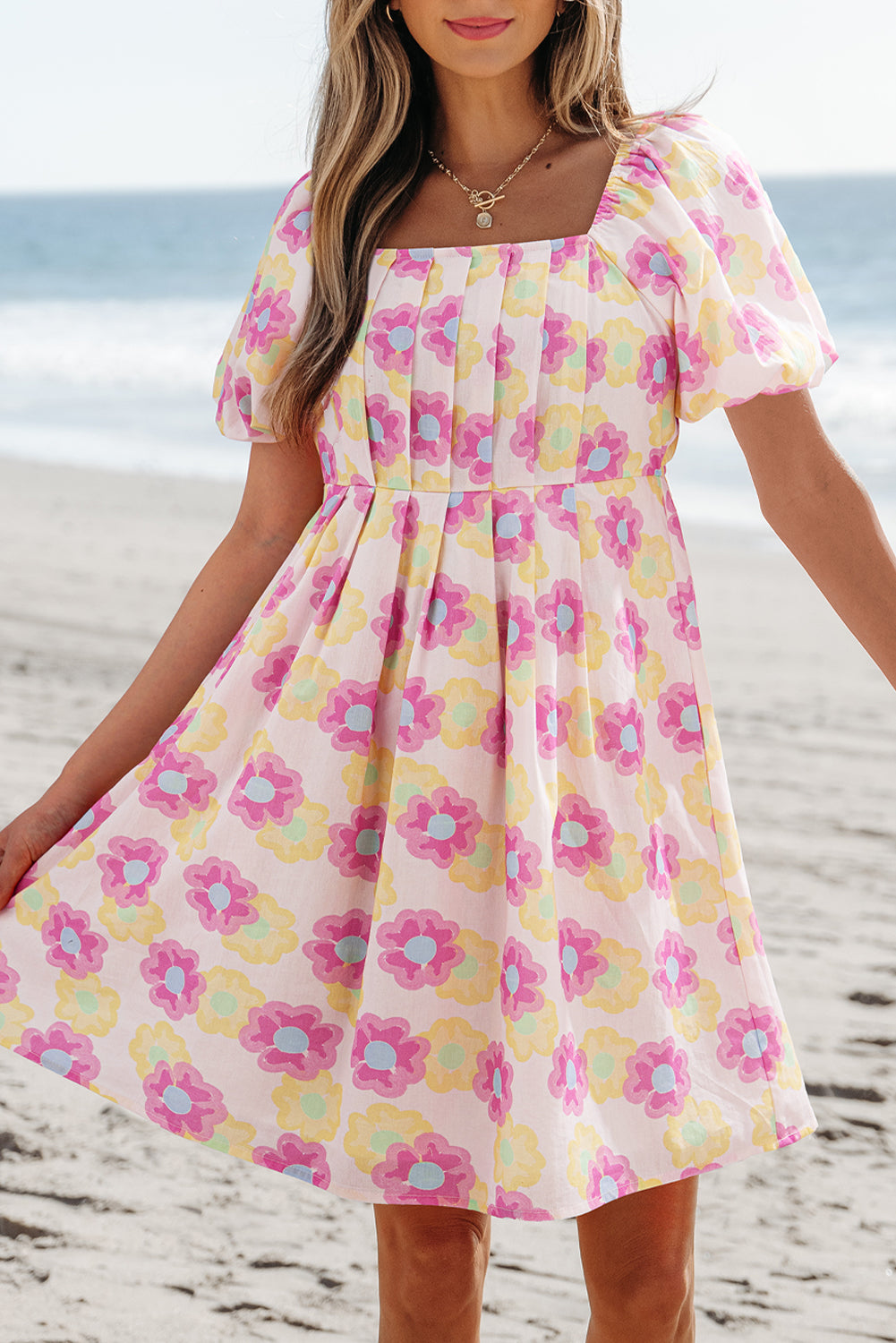 Rose Floral Square Neck Puff Sleeve Babydoll Mini Dress