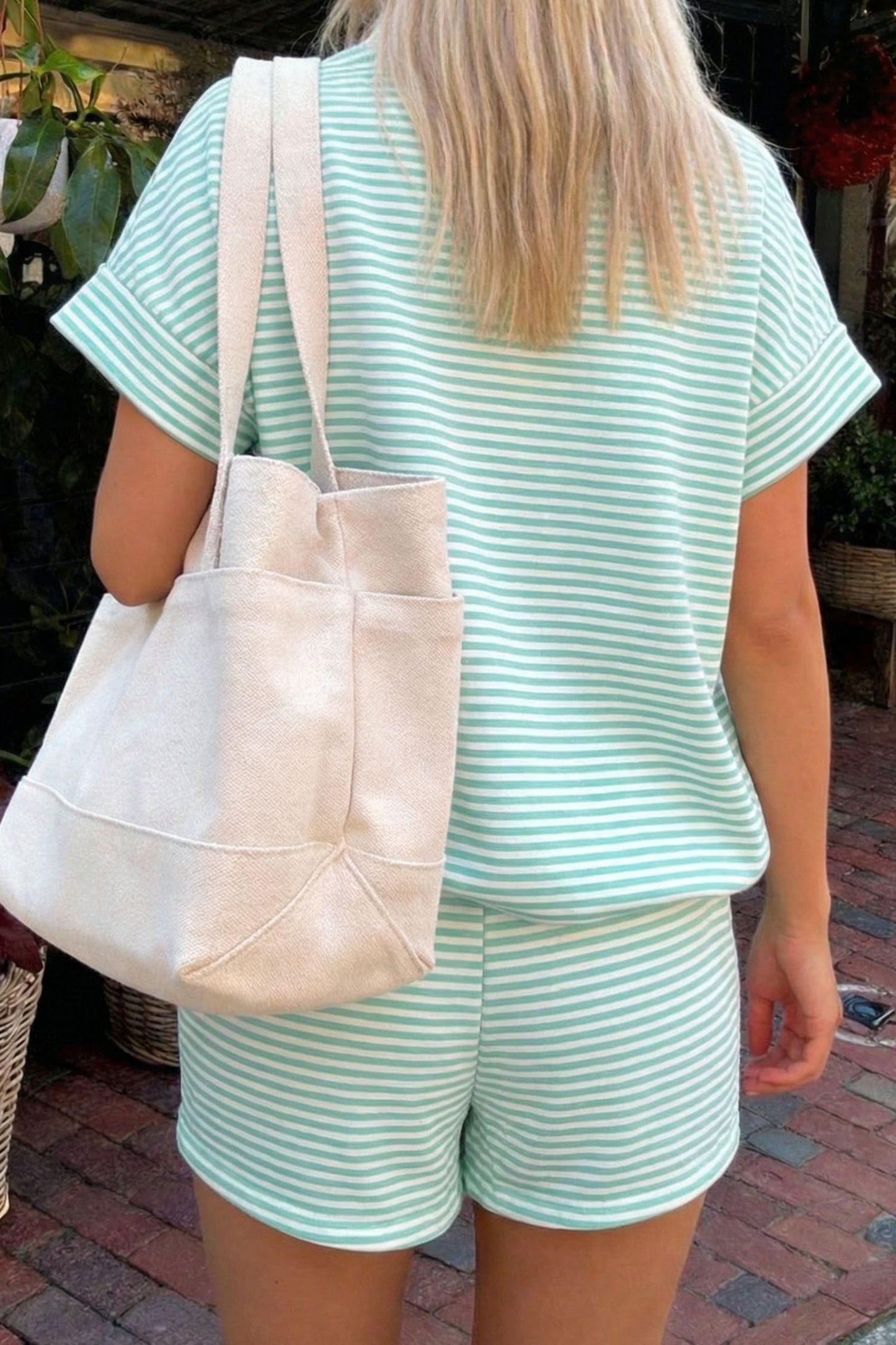 Casual Stripe 2 Piece Short Set Women Lounge Outfit