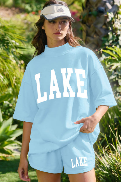 Mist Blue LAKE Graphic Lounge Set Oversized Tee and Shorts