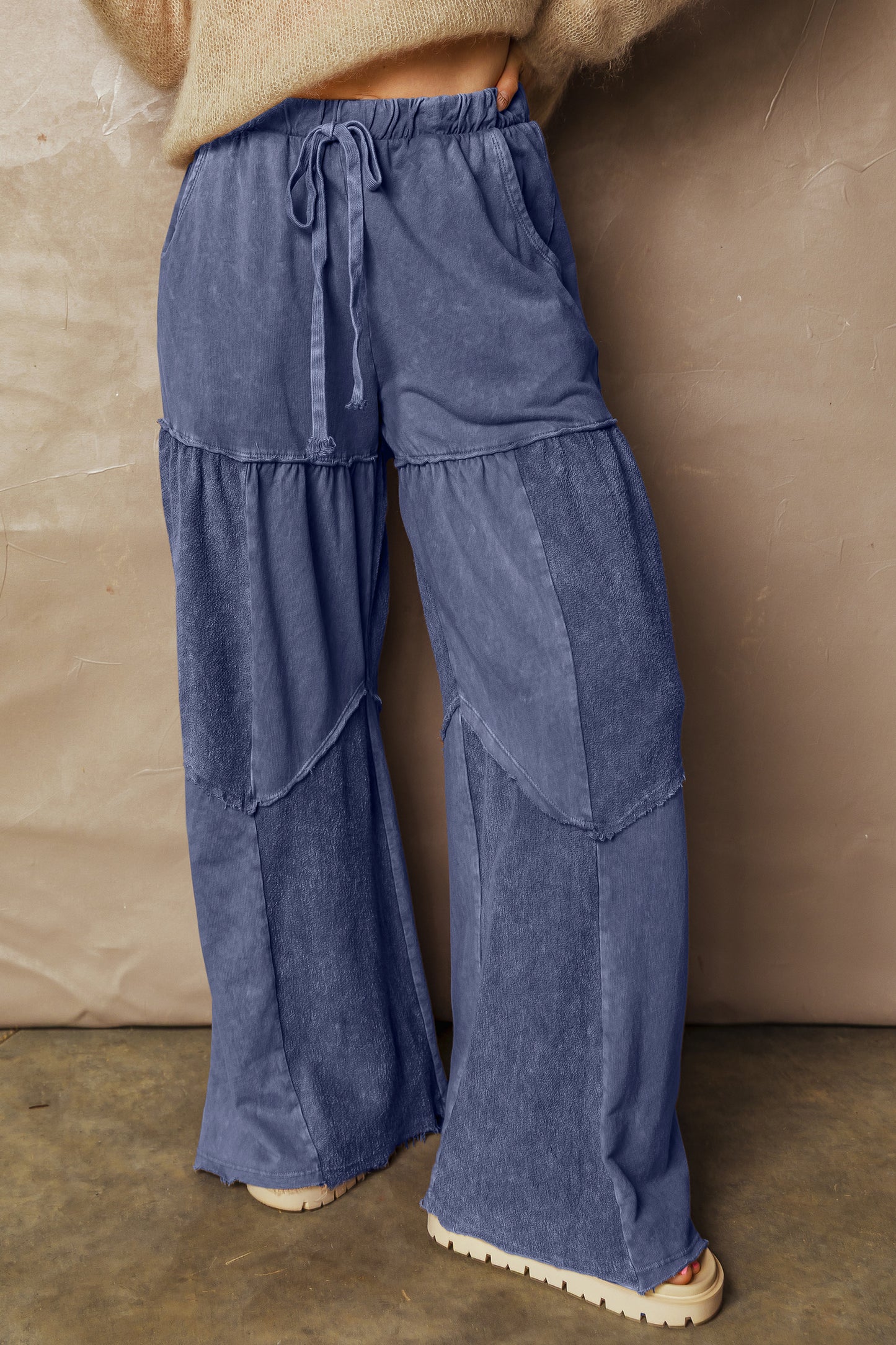 Women's Black Mineral Wash Wide Leg Patchwork Pants