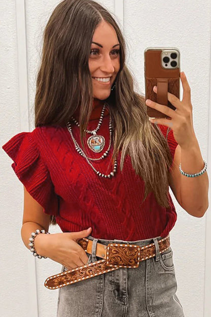 Western Cable Knit Turtleneck Ruffle Sleeve Sweater Top